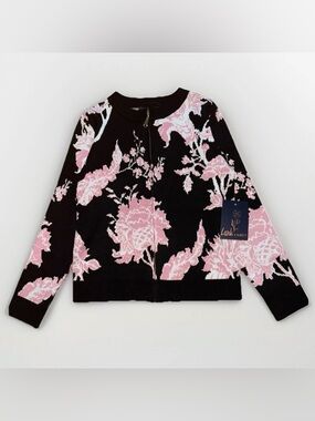 Lark+Grey Women Sz S Japanese Floral Black Pink Knitted Long Sleeve Sweater Zip